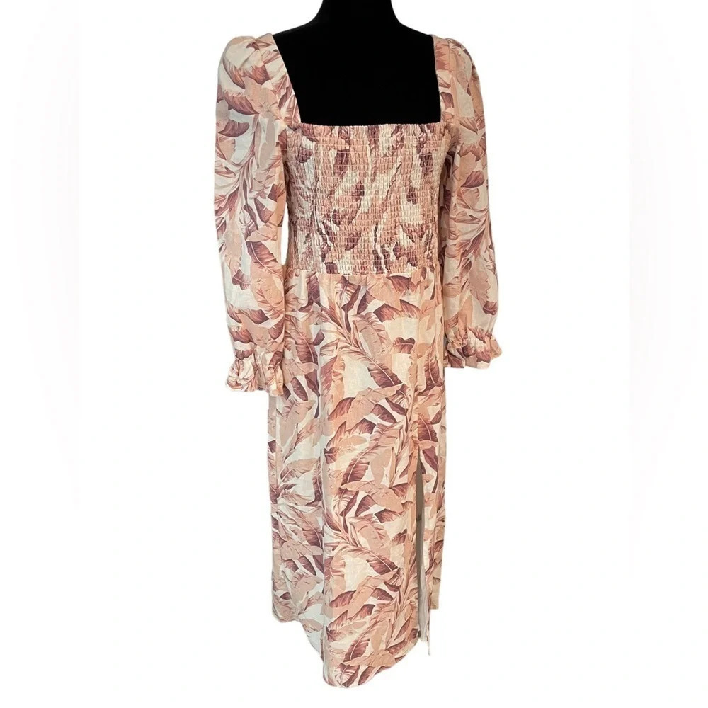 House of Harlow 1960 Palm Print Puff Sleeve Linen High Slit Midi Dress M